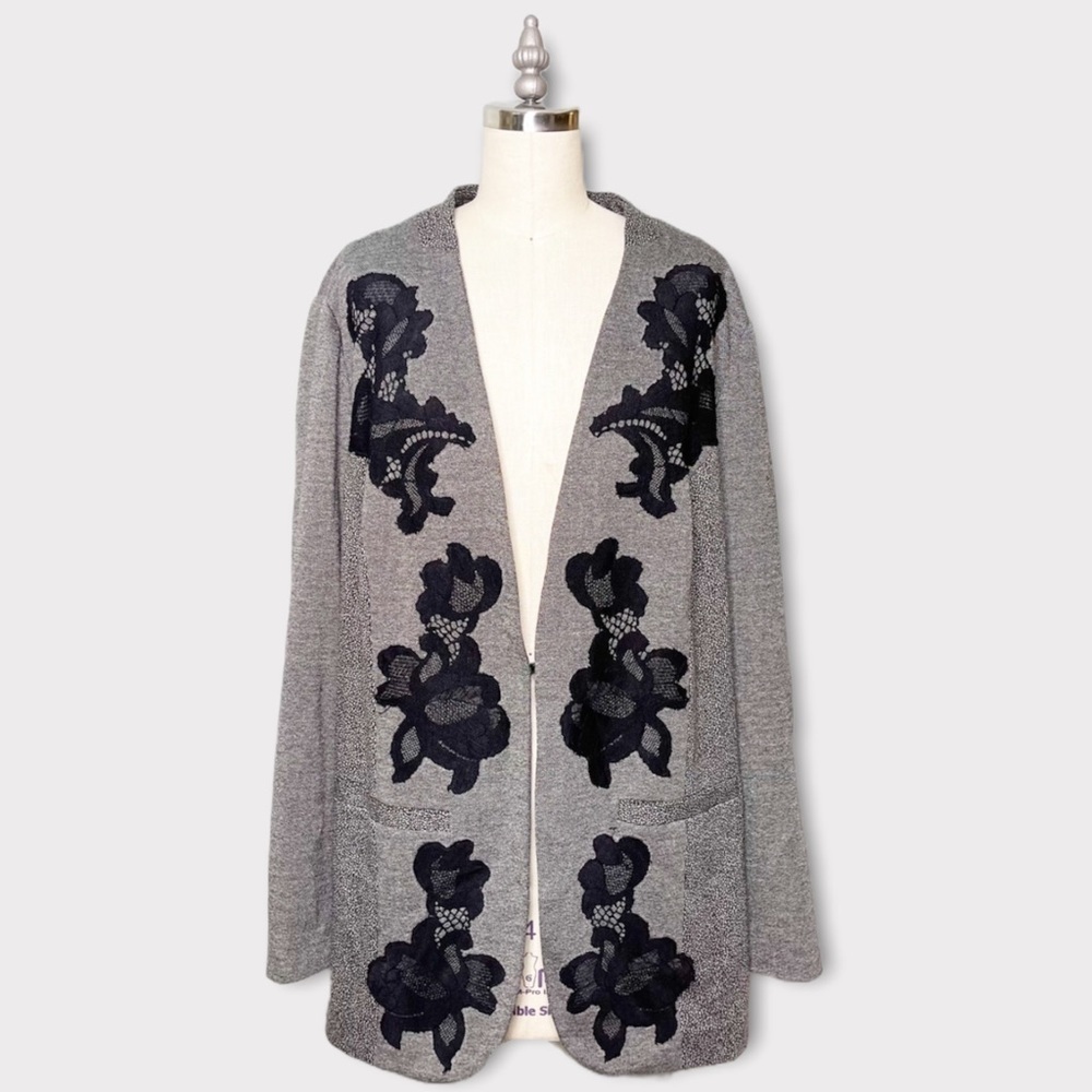 Catherines Blazer Jacket with Lace Floral Design Black Gray NWT